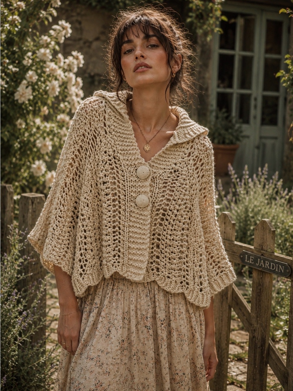 Vertigo Paris Oatmeal Open Knit Wool Blend Pancho Boho Cottagecore SM/fairy